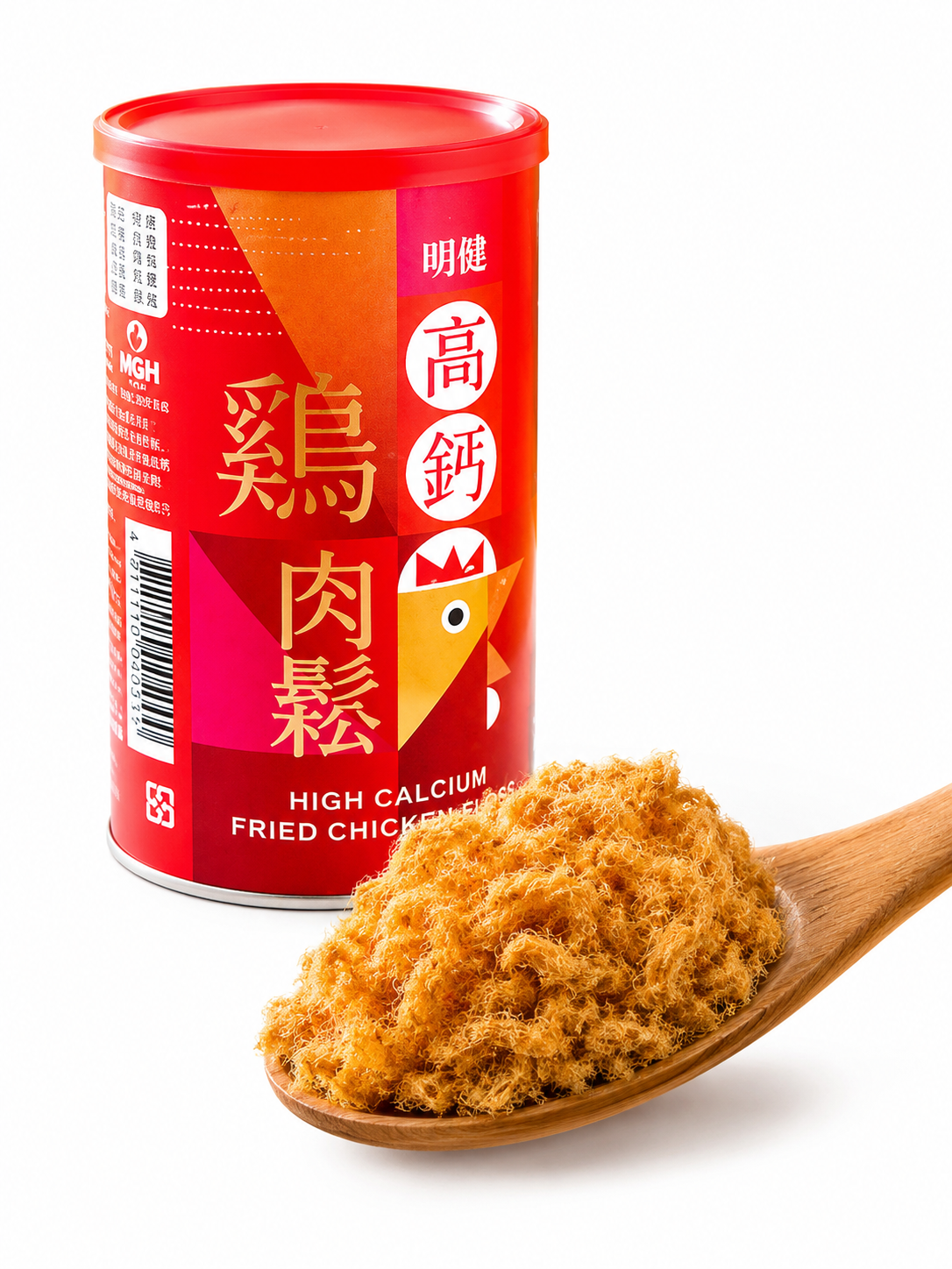 明健高鈣雞肉鬆 湯匙盛起酥鬆肉絲